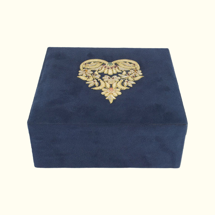 Paan Zardozi on Blue Suede Box | Handcrafted Elegant Storage