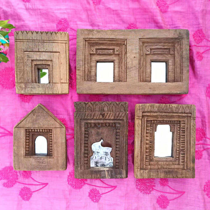 Handcrafted Wooden Antique Temple Mirror Frame | Set of 5