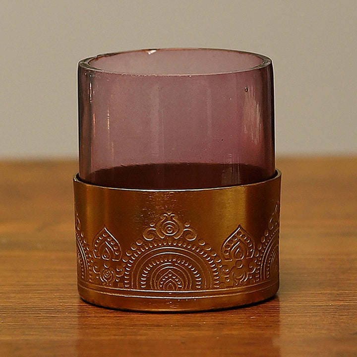 Dohar Brass Plated Tealight Votive with Glass - Set of 2