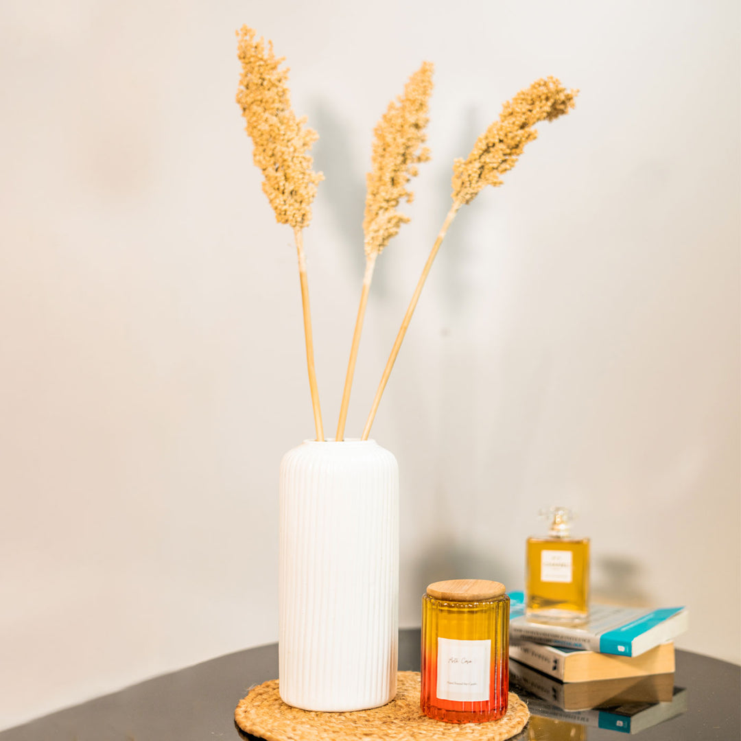 Snow White Ceramic Vase with Dried Ferns Bunch