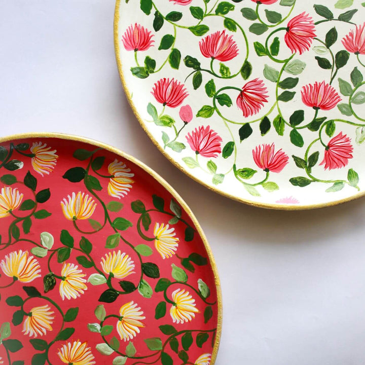 Handpainted Wooden Wall Plate With Floral Artwork - Set Of 2