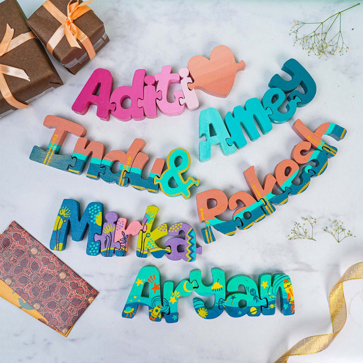 Hand Painted Wooden Jigsaw Name Blocks for Wedding Celebrations