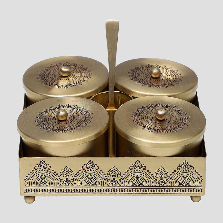 Dohar Handcrafted Brass Condiment Jars with Tray & Spoon