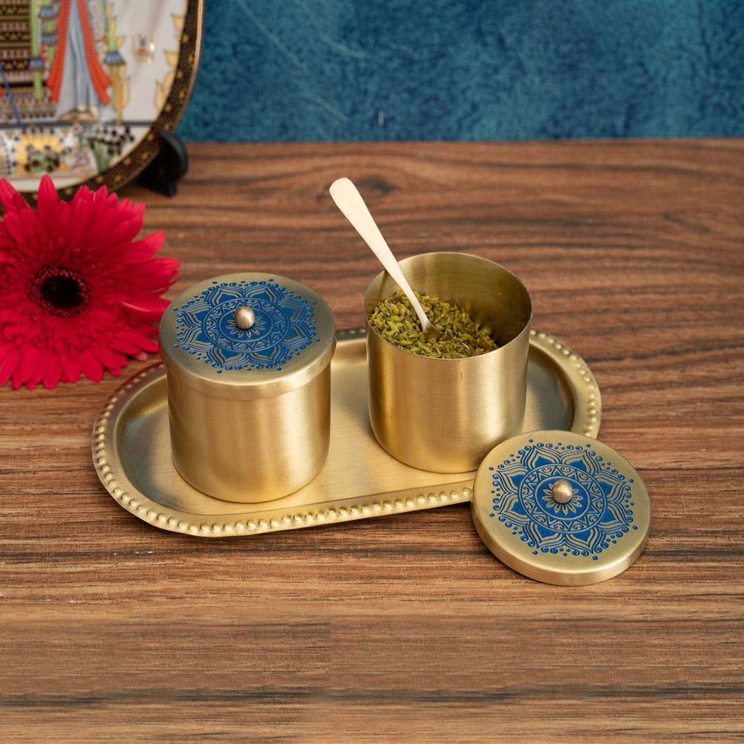 Utsav Handcrafted Brass Condiment Jars with Tray & Spoon