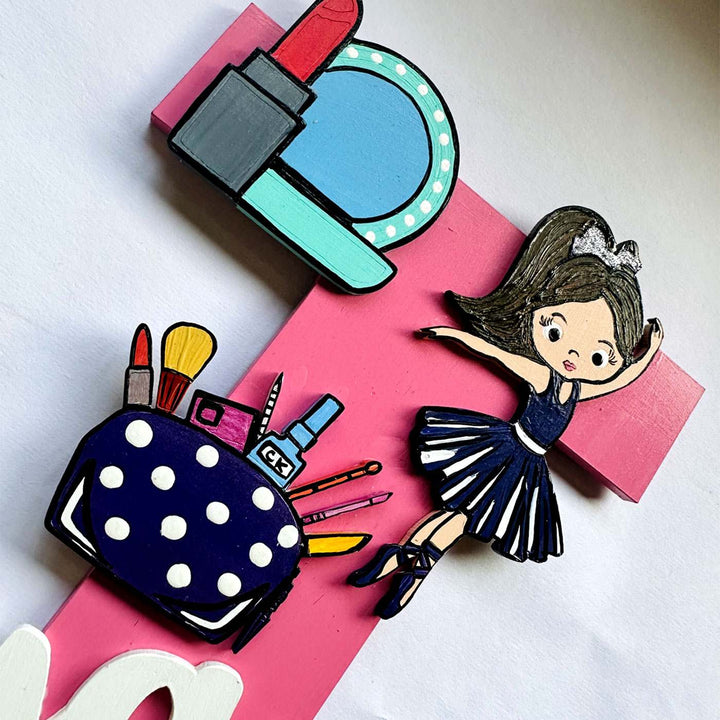 Handcrafted Personalized Kids Makeup Themed Monogram Mdf Nameplate 5 - Flat Lay Showing Multiple Designs