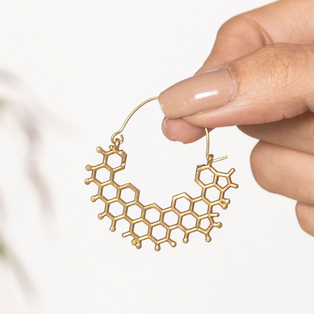 Handmade Brass Modern Hoop Earrings - Honeycomb