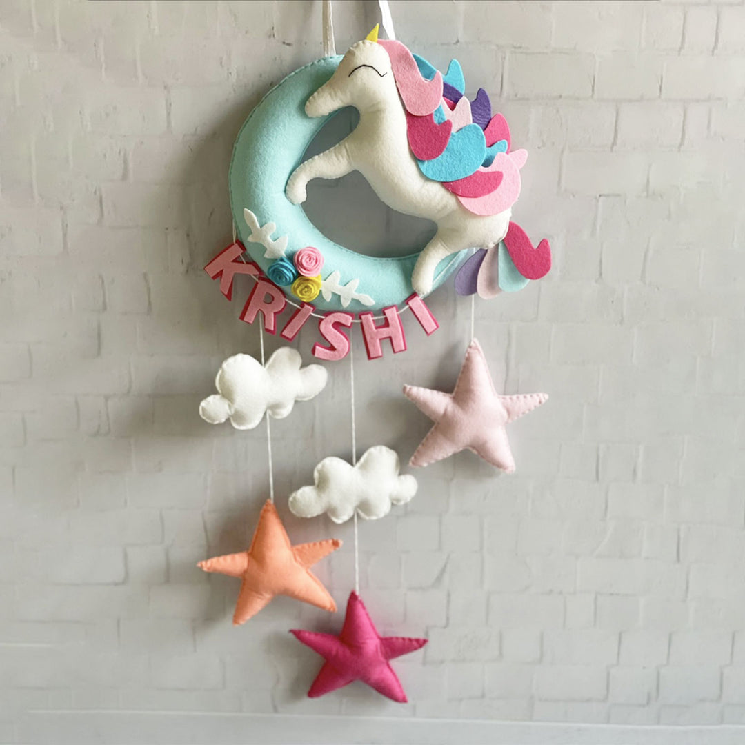Handmade Unicorn On The Moon Kids Felt Name Hanging With Birthdate - Hanging Wall Display with Name Personalization