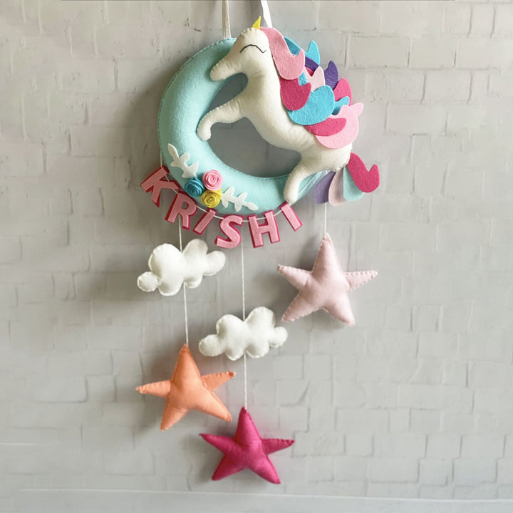 Handmade Unicorn on the Moon Kids Felt Name Hanging