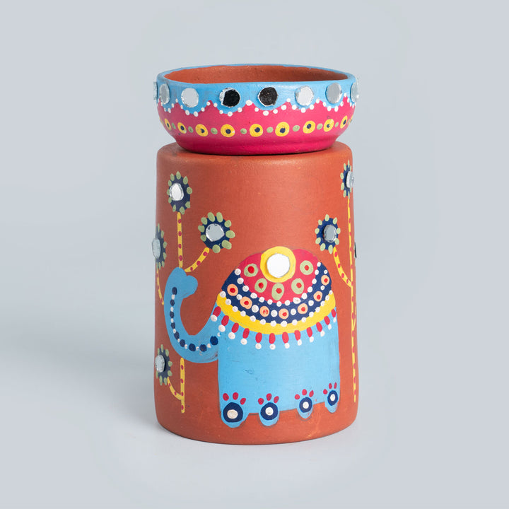 Handpainted Terracotta Mirror-work Elephant Tealight Holder | Set of 2