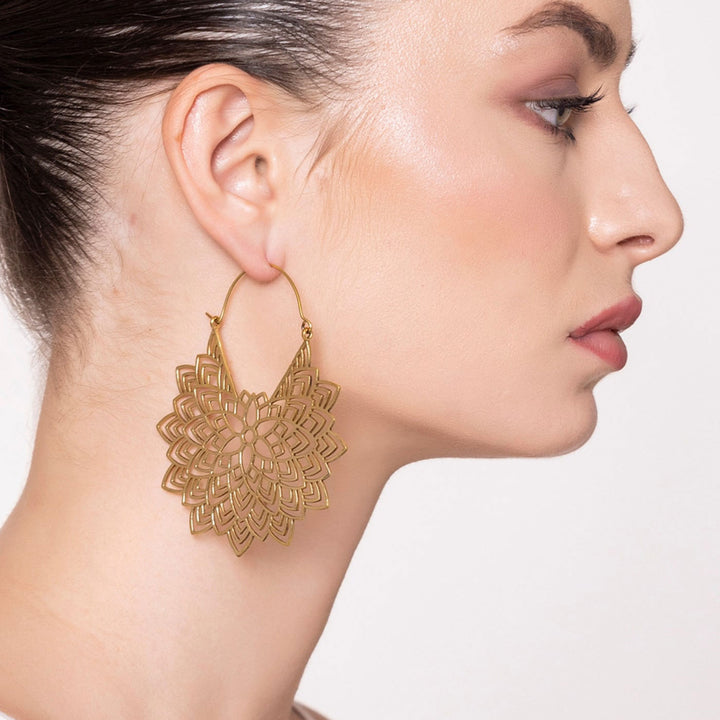 Handmade Brass Modern Hoop Earrings - Flower Bloom Pattern