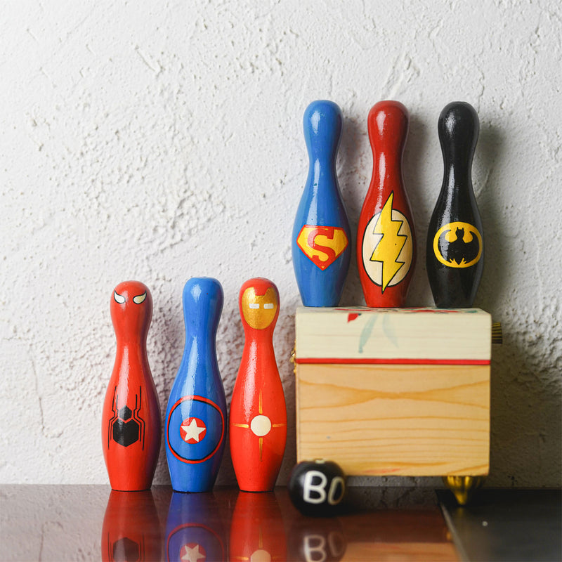 Handpainted Wooden Bowling Pins Toy Set I Superhero Theme