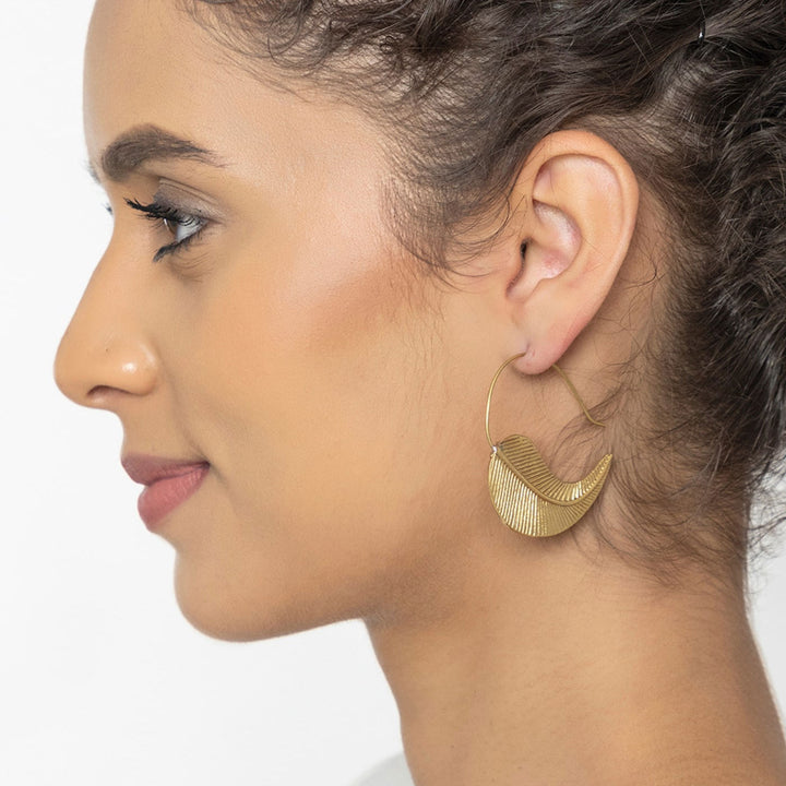 Handmade Brass Modern Hoop Earrings - Gold Leaf Pattern