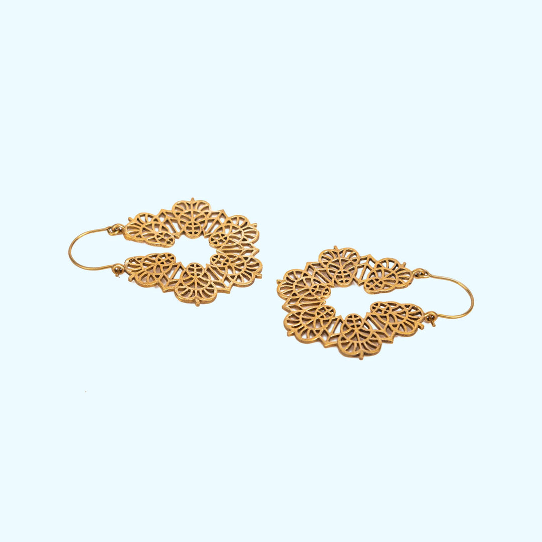 Handmade Brass Modern Hoop Earrings - Leafy Pattern