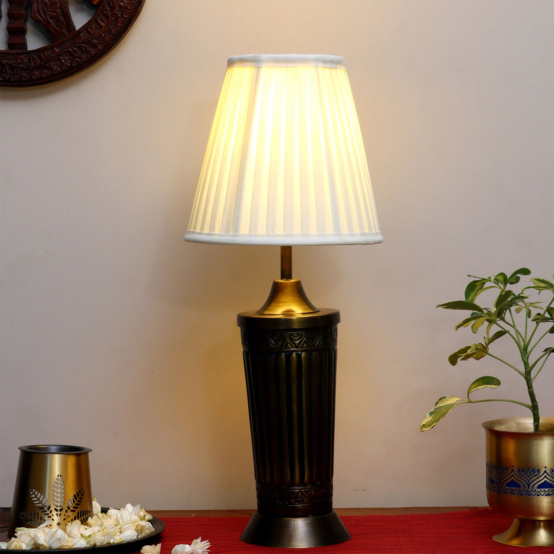 Bronze Finish Metal Table Lamp with Pleated Cotton Shade
