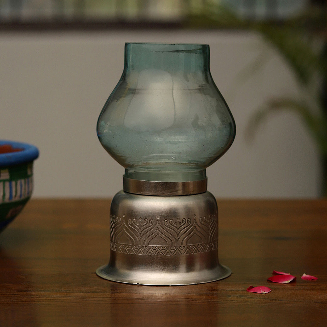 Utsav Silver Plated Tealight Holder with Glass Chimney