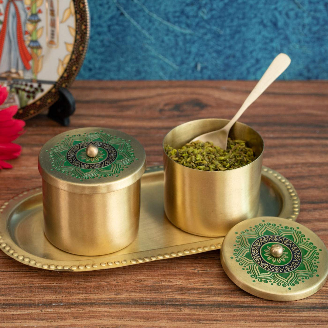 Utsav Handcrafted Brass Condiment Jars with Tray & Spoon