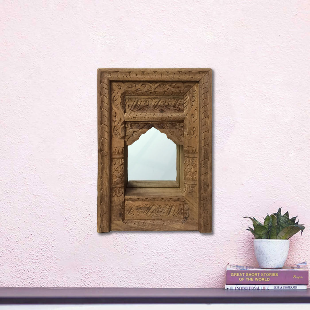 Handcrafted Wooden Mirror Jharokha With Shelf