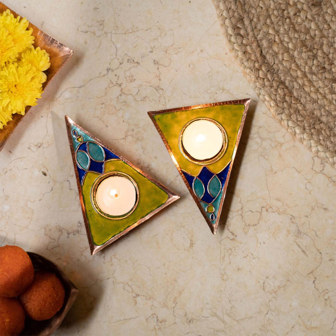 Copper Enamel Triangle Rangoli Tealight Holders I Set of 2