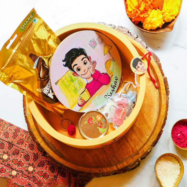 Photo Customized Rakhi Hamper With Caricature Nameplate