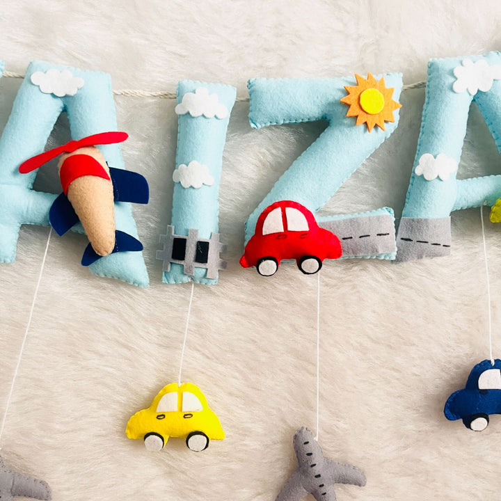 Handcrafted Personalized Cars Theme Bunting For Kids - Hamburger hanging from name letters