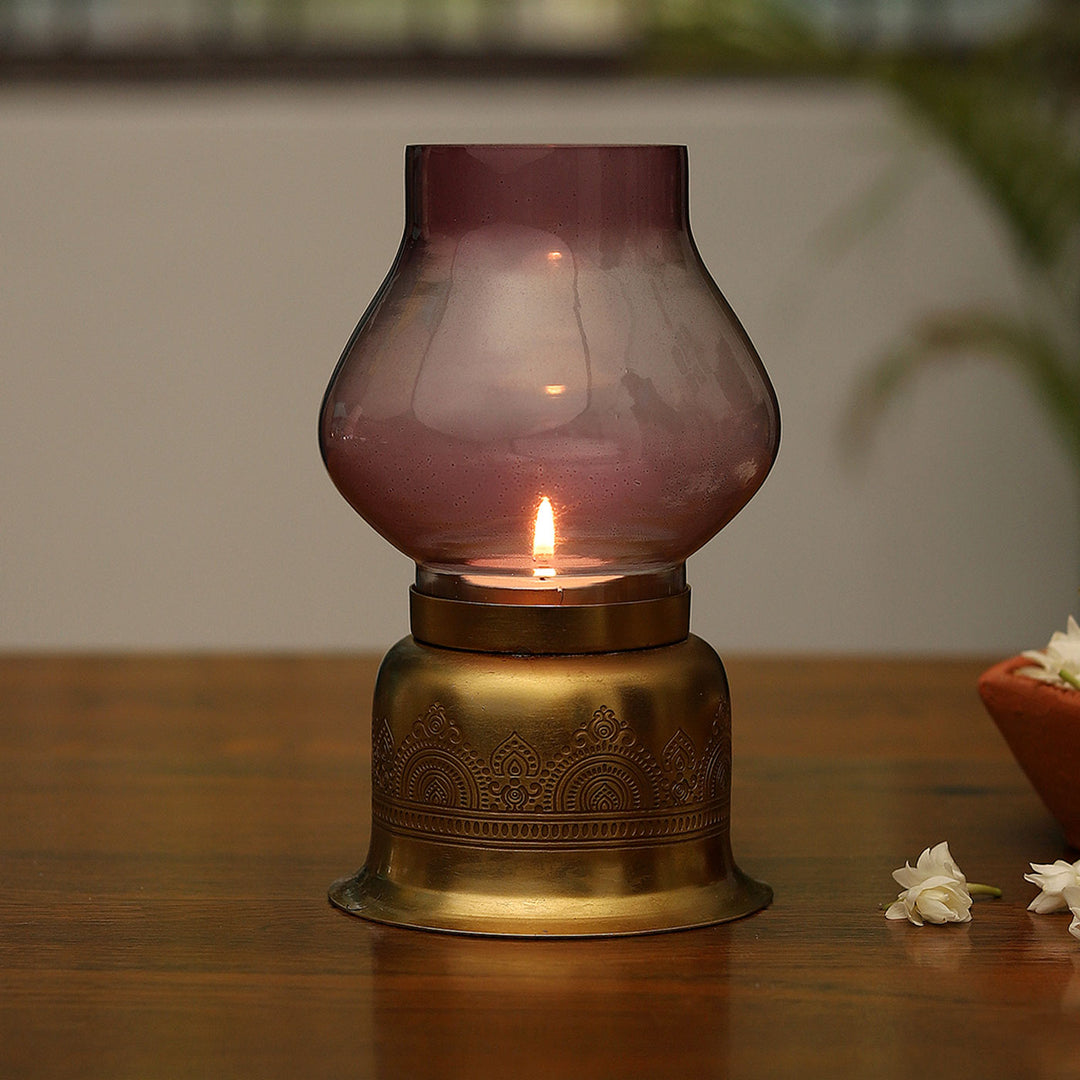 Dohar Brass Plated Tealight Holder with Glass Chimney