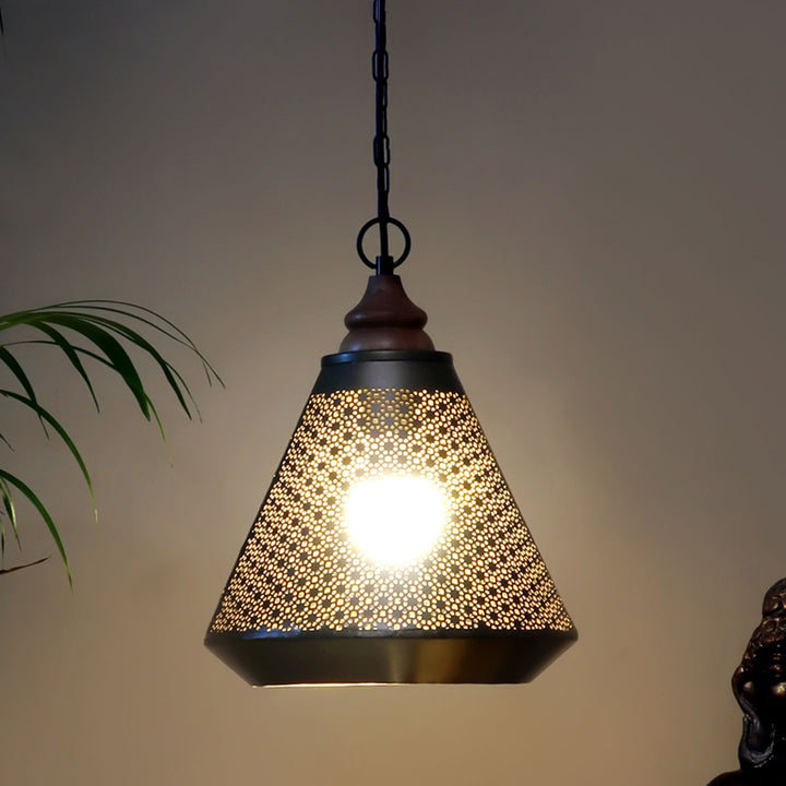 Mysore Hanging Metal Lamp with a Wooden Canopy