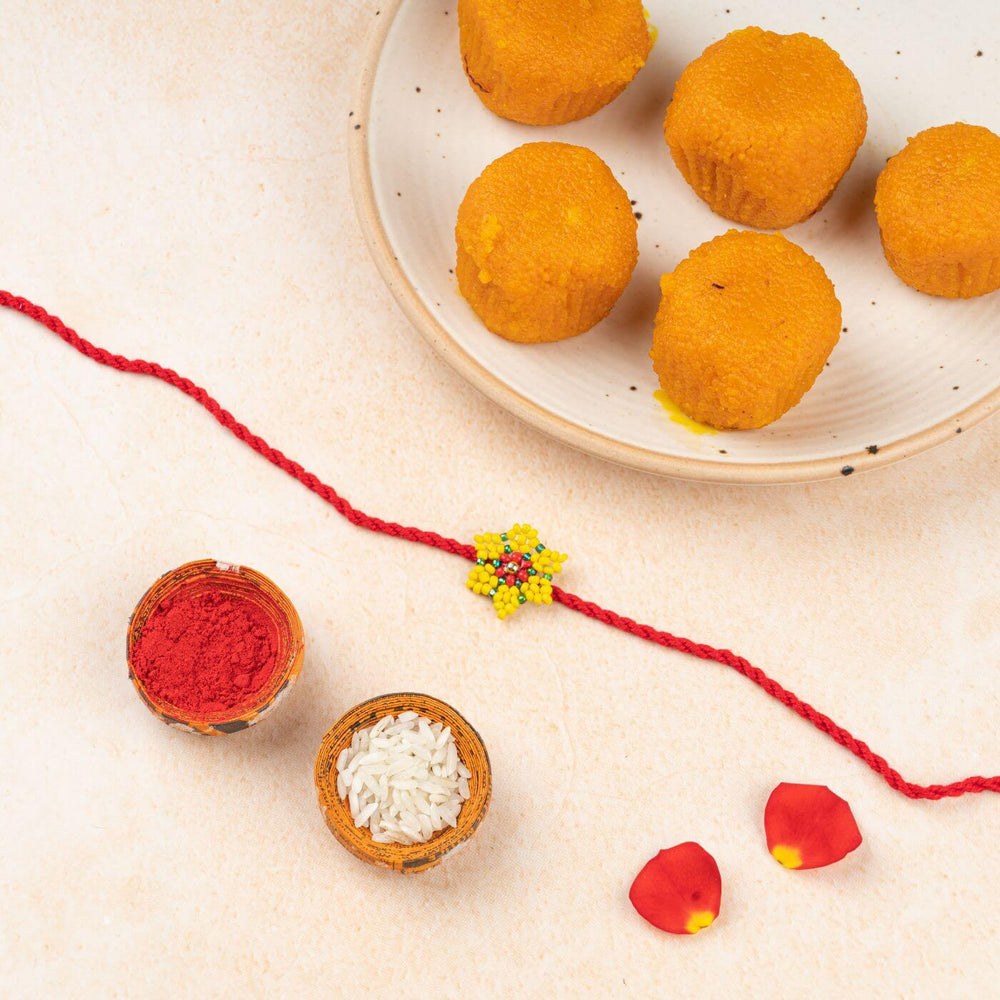 Handcrafted Glass Beads Sitara Rakhi 7 - Rakhi with ceremonial items layout