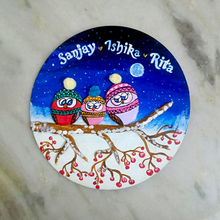 Hand-painted Pebble Art Owl Family Name Plate