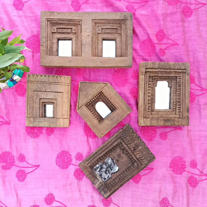 Handcrafted Wooden Antique Temple Mirror Frame | Set of 5