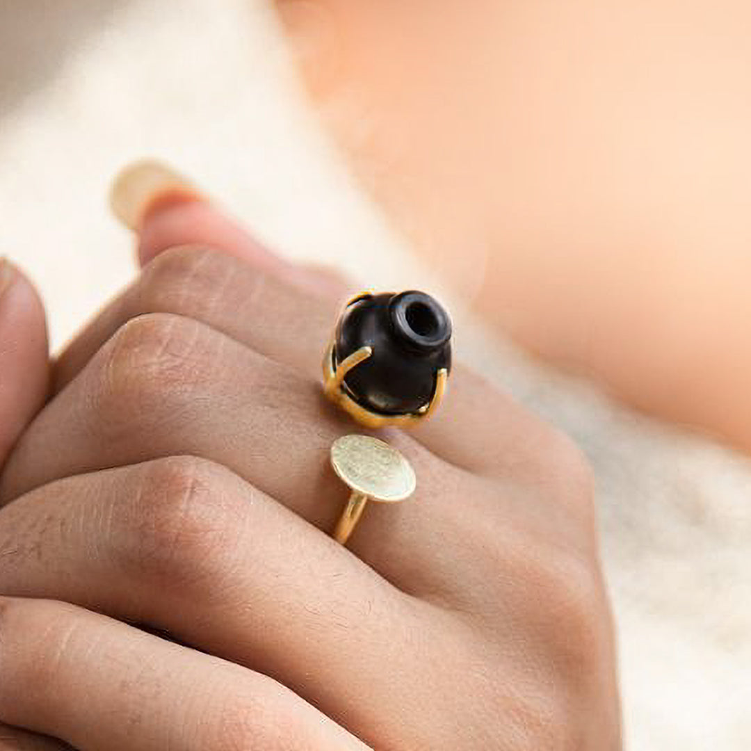 Minimal Handmade Traditional Black Kalash Ring | 22K Gold Plated