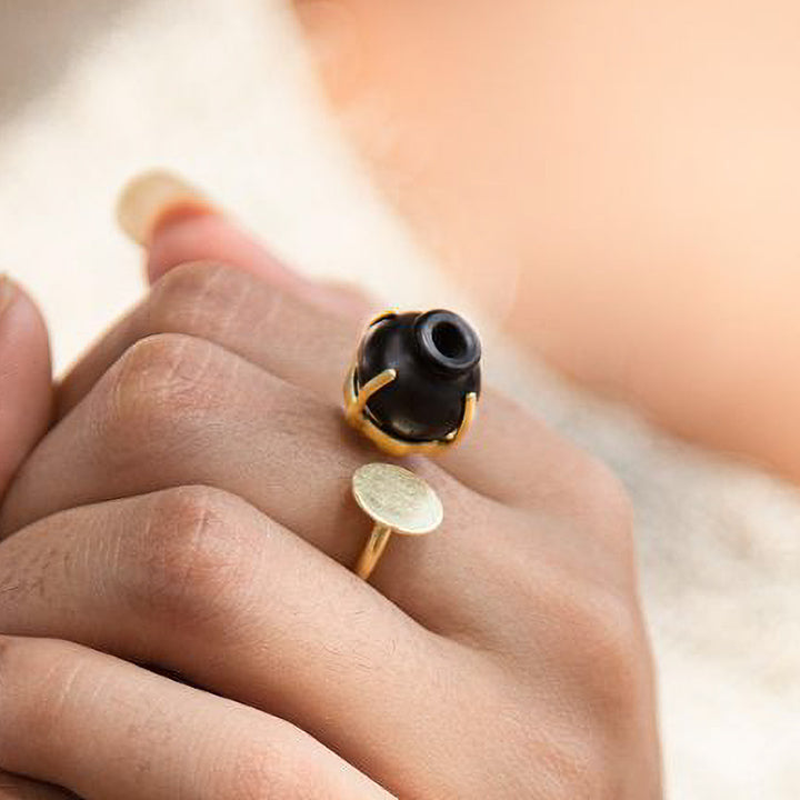 Minimal Handmade Traditional Black Kalash Ring | 22K Gold Plated
