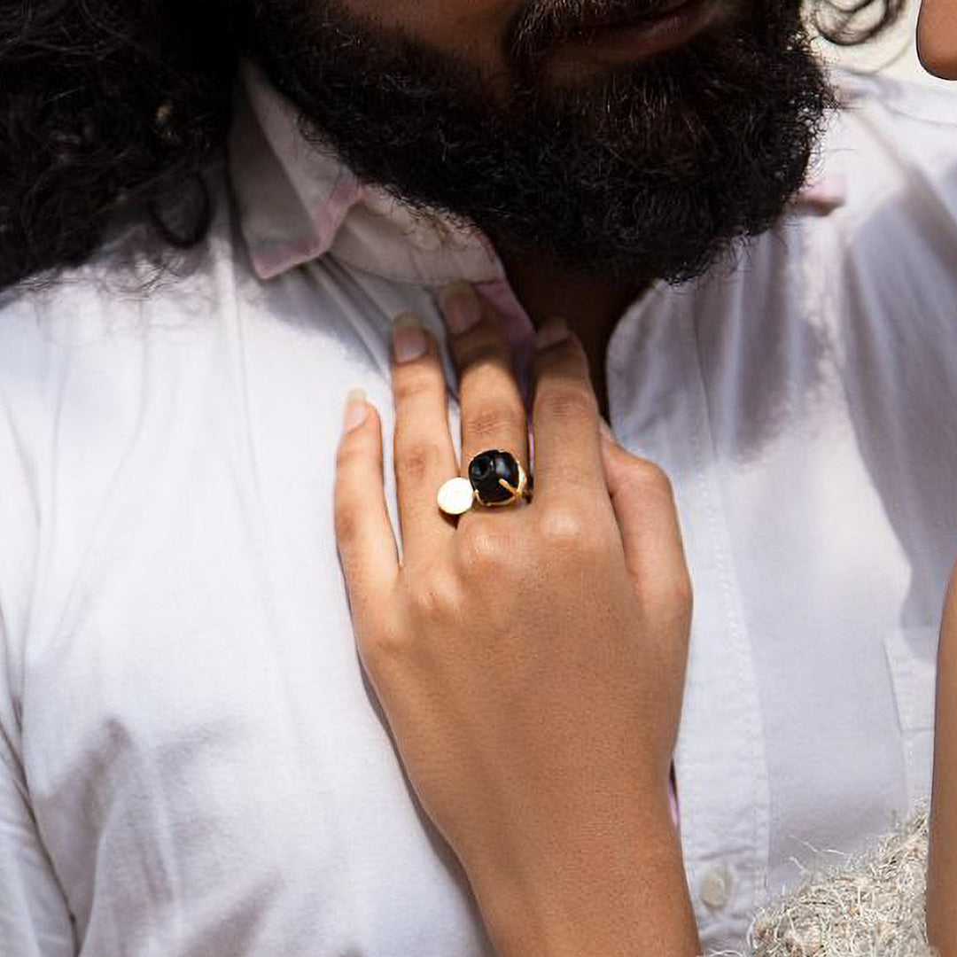 Minimal Handmade Traditional Black Kalash Ring | 22K Gold Plated
