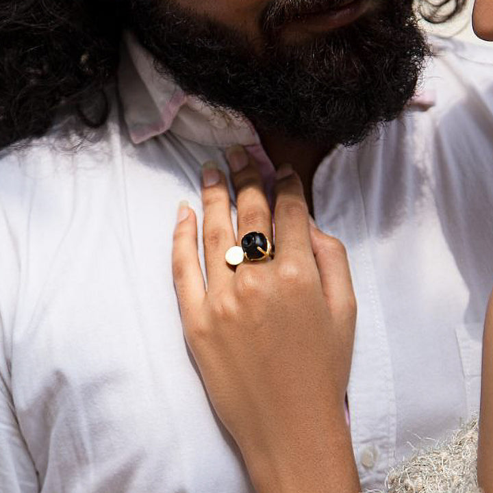 Minimal Handmade Traditional Black Kalash Ring | 22K Gold Plated