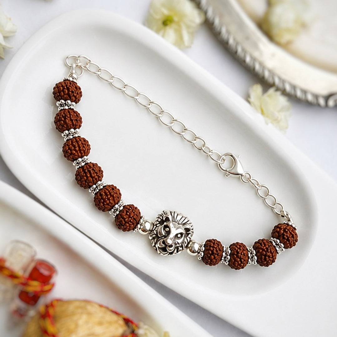 Handcrafted Brass Lion Rudraksha Rakhi With Roli Chawal For Brother