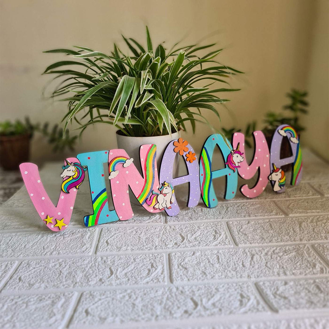 Handcrafted Personalized Unicorn Themed Name Plate For Kids