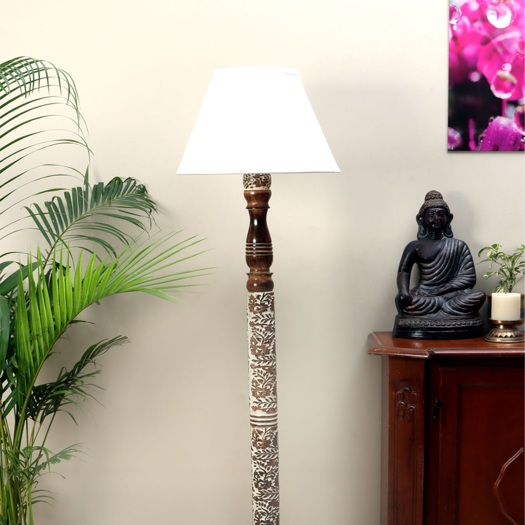 Chinar Hand-Carved Mango Wood & Cotton Floor Lamp