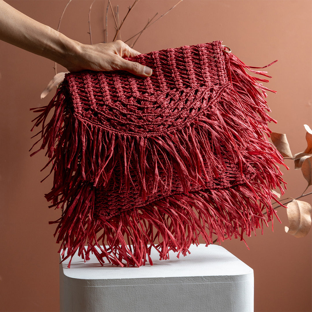 Handmade Macrame Crimson Red Poppy Raffia Handbag