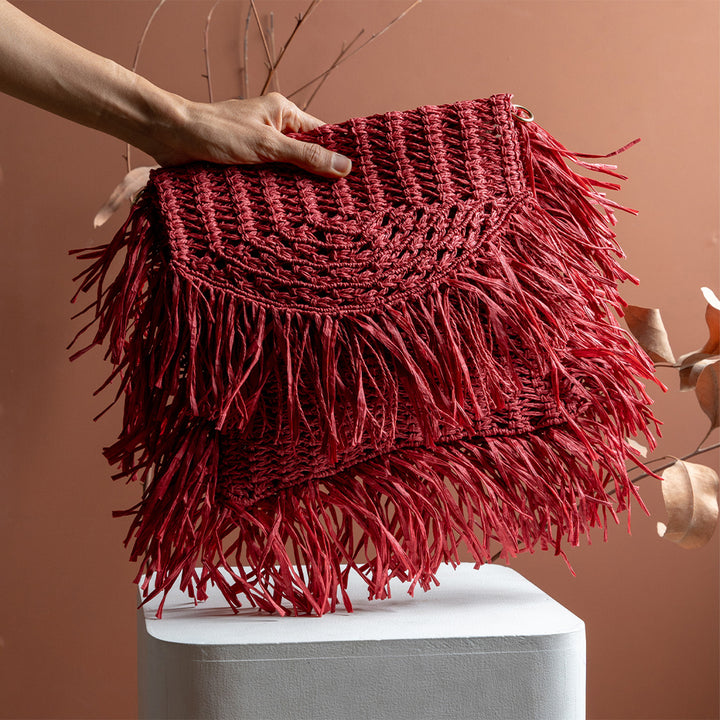 Handmade Macrame Crimson Red Poppy Raffia Handbag