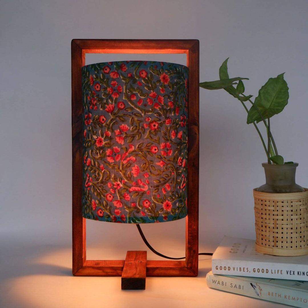 Wooden Table Lamp With Block Printed Fabric Shade