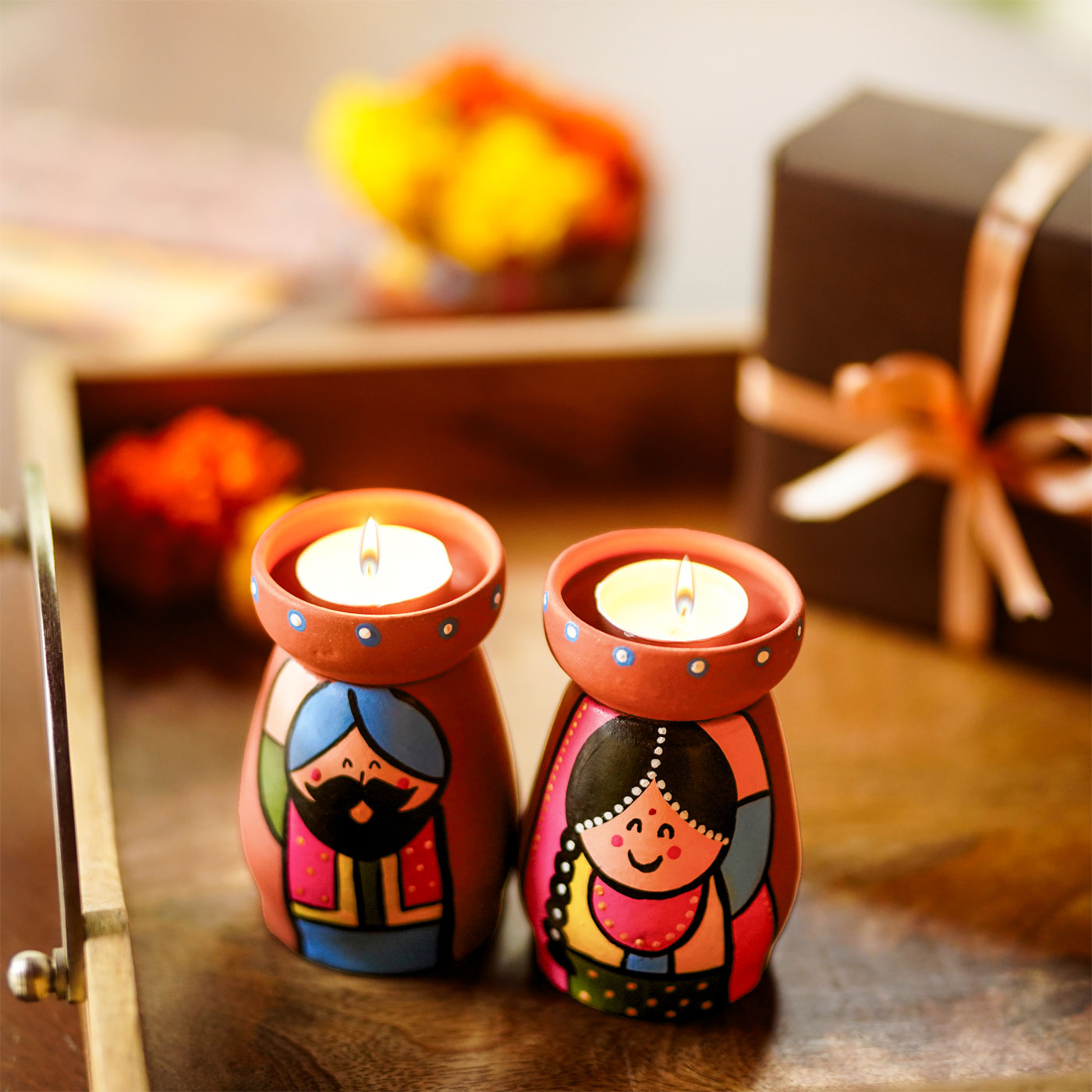 Buy Handpainted Clay Tealight Holders with Punjabi Couple | Set of