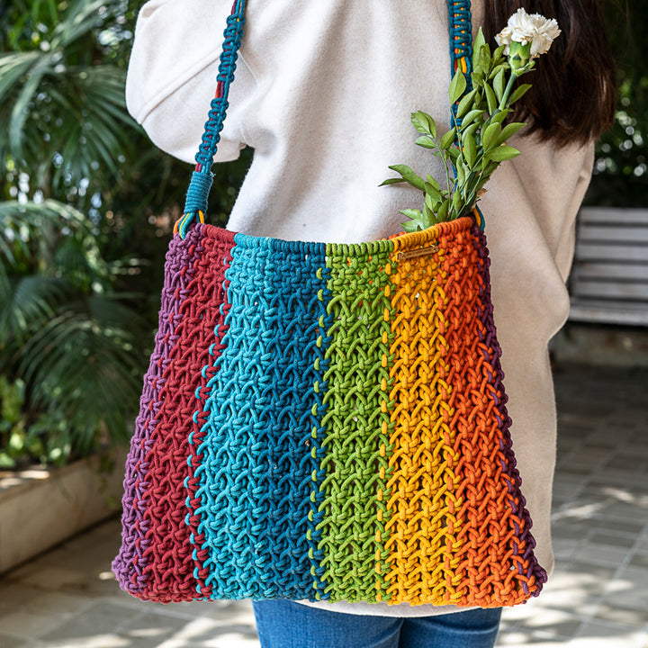 Hand-Knotted Macrame Multicolor Maya Striped Tote Bag