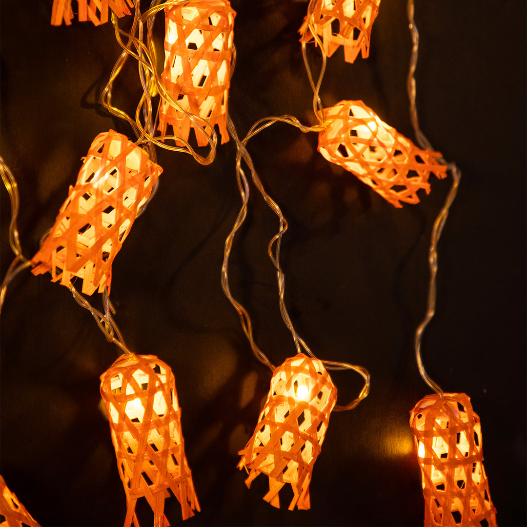 "Bell" Shaped Handcrafted Orange Bamboo LED Fairy Light For Festive Decor