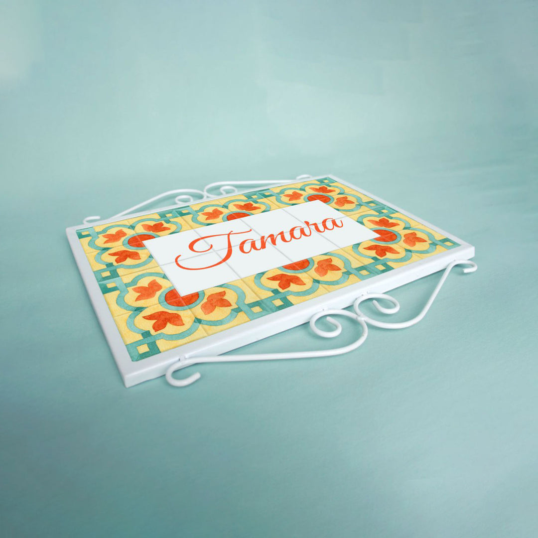 Handpainted Metal Frame Mosaic Style Nameplate 4 - Angled Front View Lying Flat