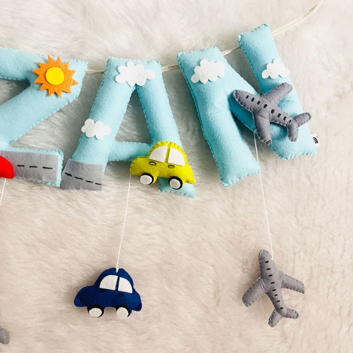 Handcrafted Personalized Cars Theme Bunting For Kids - Hanging Name Letters with Toys