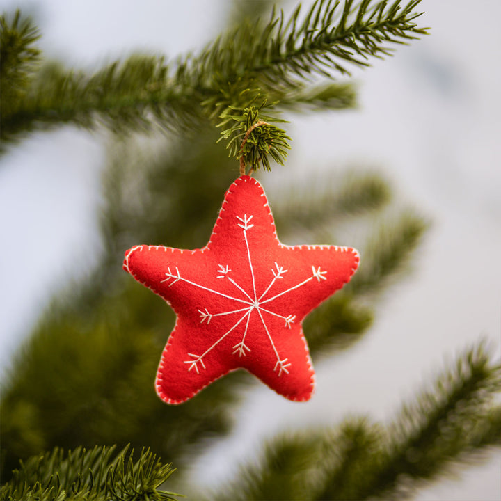 Handmade Heart & Star Embroidered Felt Ornaments For Christmas Tree Decoration | Set Of 4
