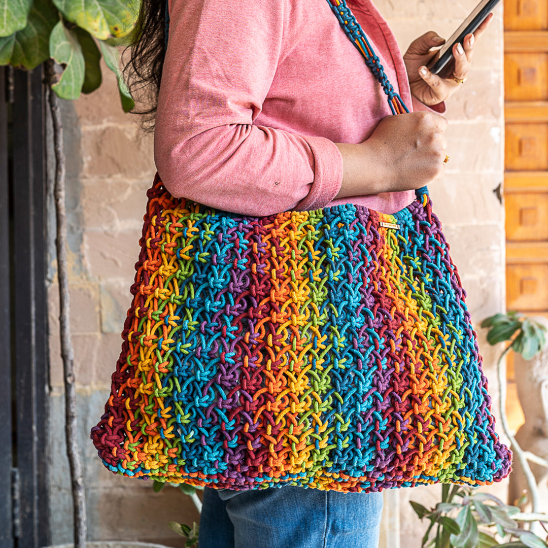Hand-Knotted Macrame Multicolor Maya Blended Striped Tote Bag