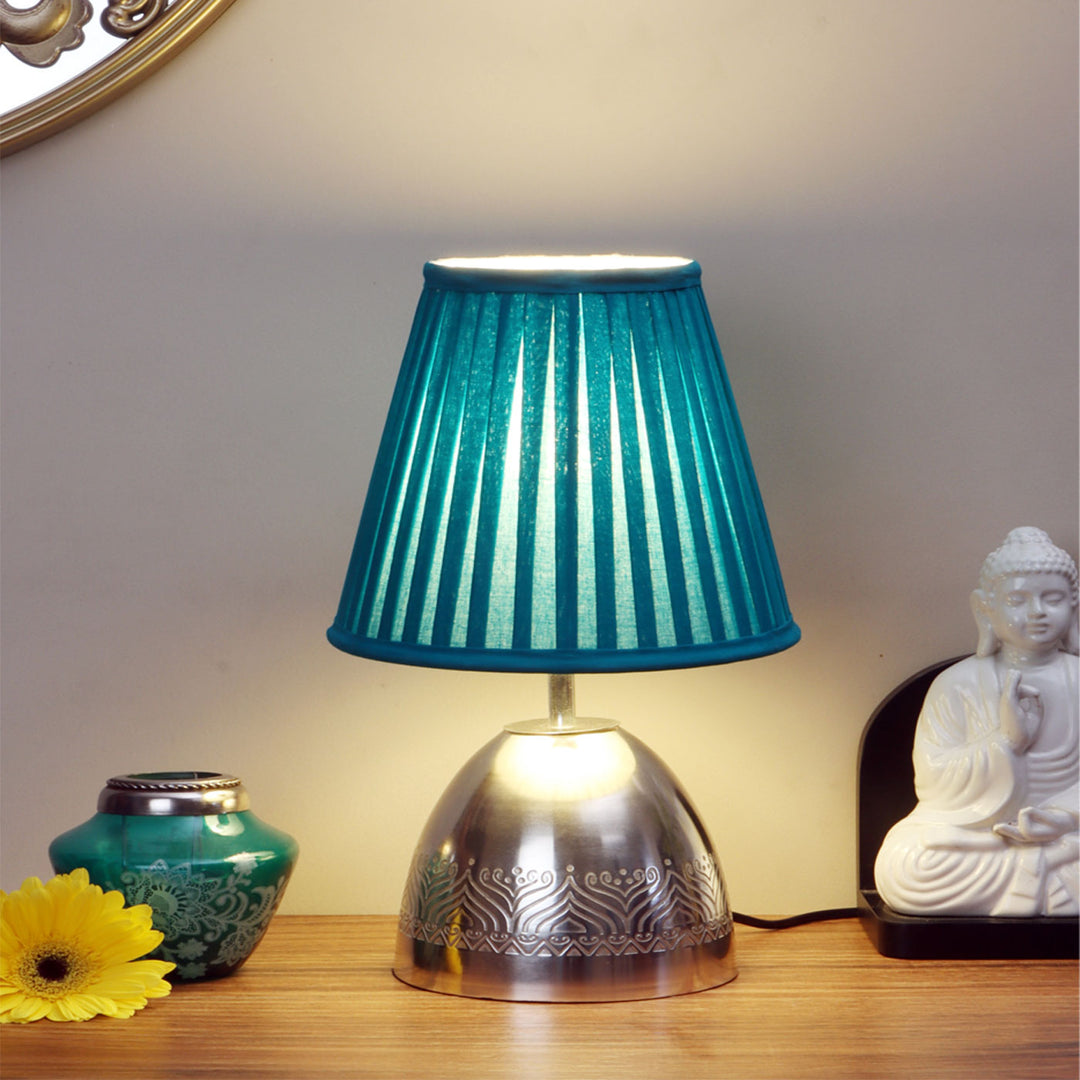 Silver Plated Metal Table Lamp with Pleated Cotton Shade