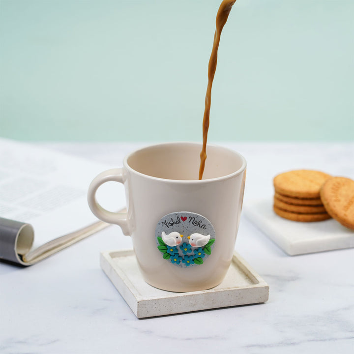 Personalized Love Birds & Flowers Mug With 3D Clay Figurine