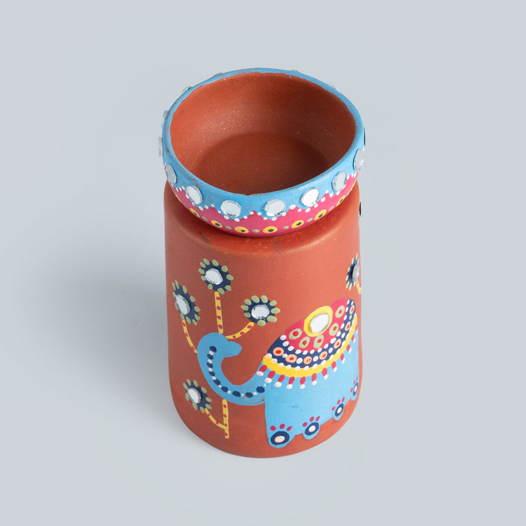 Handpainted Terracotta Mirror-work Elephant Tealight Holder | Set of 2