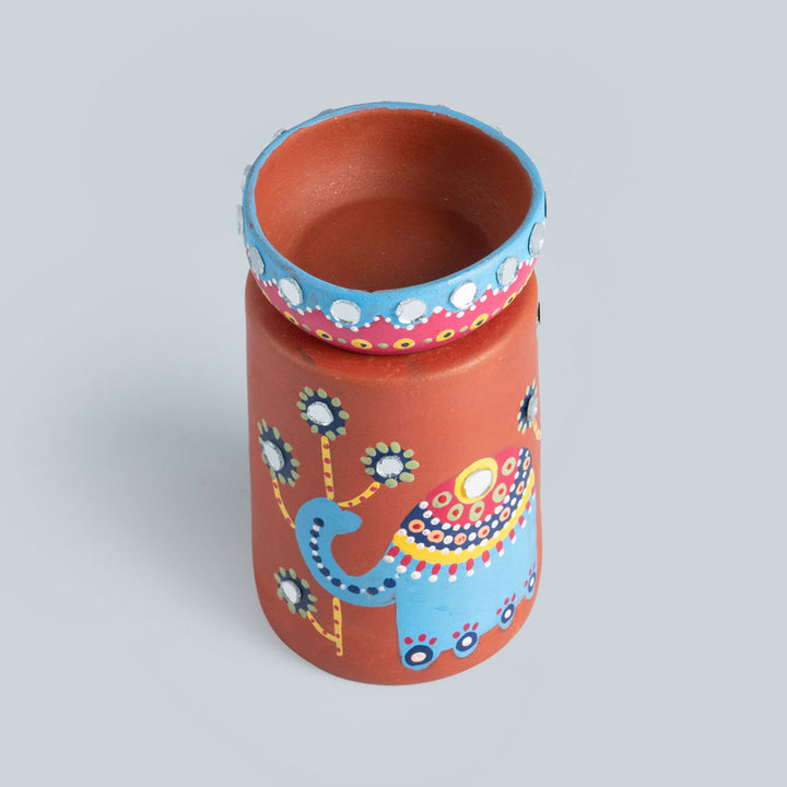 Handpainted Terracotta Mirror-work Elephant Tealight Holder | Set of 2